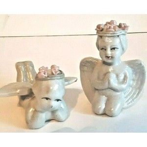 Pair of Vintage Cherub Angels Praying At Rest Floral Halos Wings Hand Painted